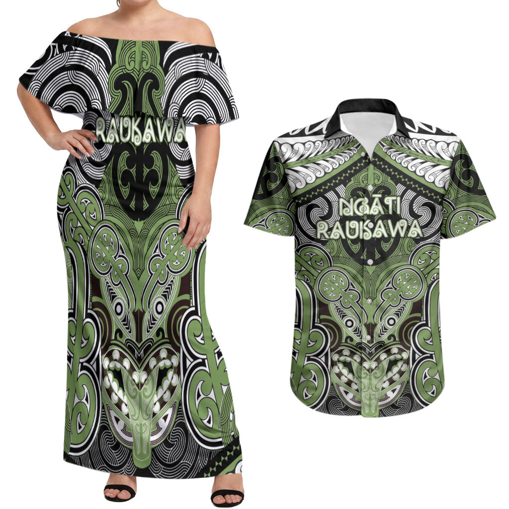Aotearoa Iwi Ngati Raukawa Personalised Couples Matching Off Shoulder Maxi Dress and Hawaiian Shirt Maori Kowhaiwhai Pattern LT19 Green - Polynesian Pride