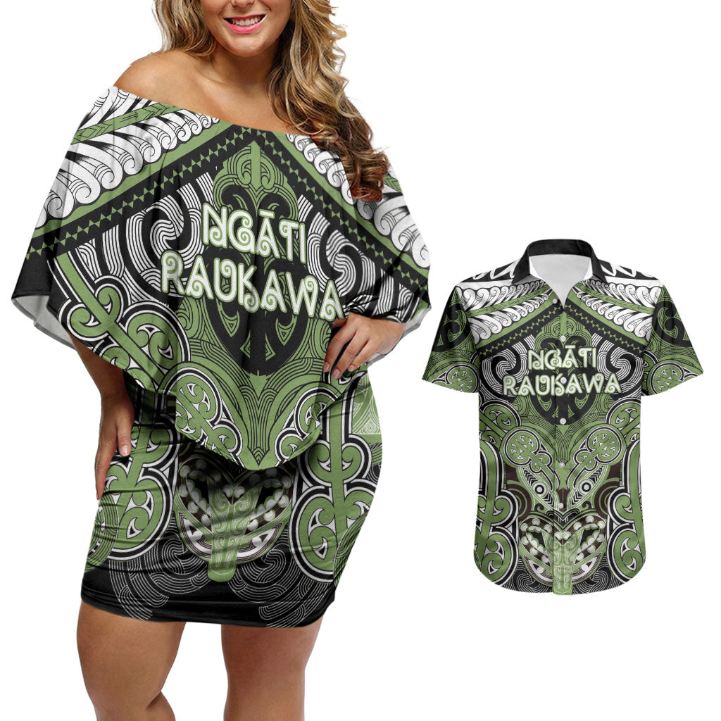 Aotearoa Iwi Ngati Raukawa Personalised Couples Matching Off Shoulder Short Dress and Hawaiian Shirt Maori Kowhaiwhai Pattern LT19 Green - Polynesian Pride