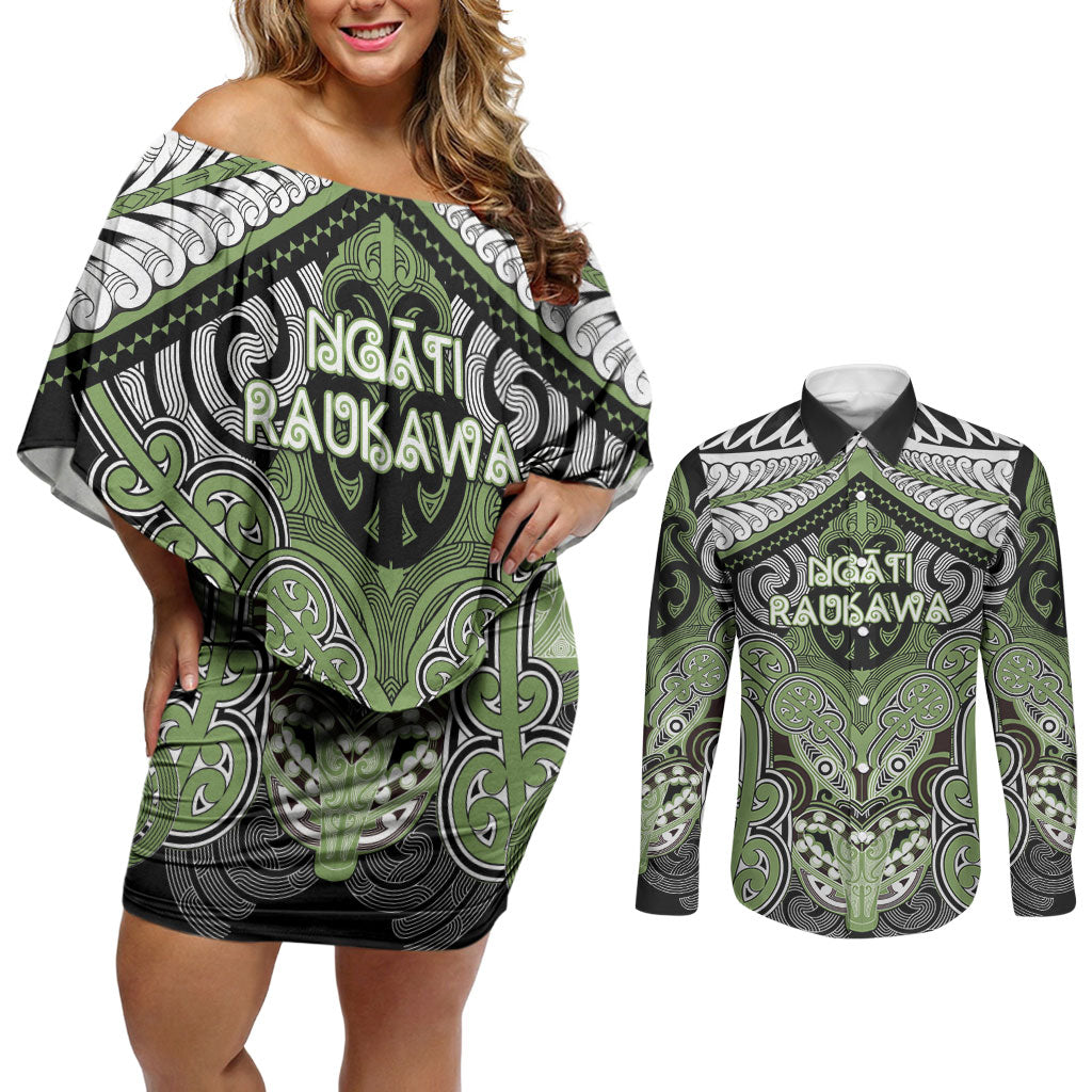 Aotearoa Iwi Ngati Raukawa Personalised Couples Matching Off Shoulder Short Dress and Long Sleeve Button Shirt Maori Kowhaiwhai Pattern LT19 Green - Polynesian Pride
