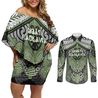 Aotearoa Iwi Ngati Raukawa Personalised Couples Matching Off Shoulder Short Dress and Long Sleeve Button Shirt Maori Kowhaiwhai Pattern LT19 Green - Polynesian Pride