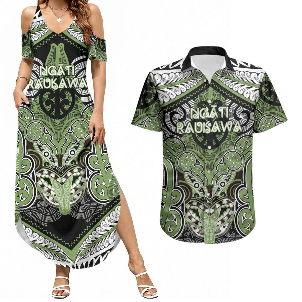 Aotearoa Iwi Ngati Raukawa Personalised Couples Matching Summer Maxi Dress and Hawaiian Shirt Maori Kowhaiwhai Pattern LT19 Green - Polynesian Pride