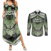 Aotearoa Iwi Ngati Raukawa Personalised Couples Matching Summer Maxi Dress and Long Sleeve Button Shirt Maori Kowhaiwhai Pattern LT19 Green - Polynesian Pride