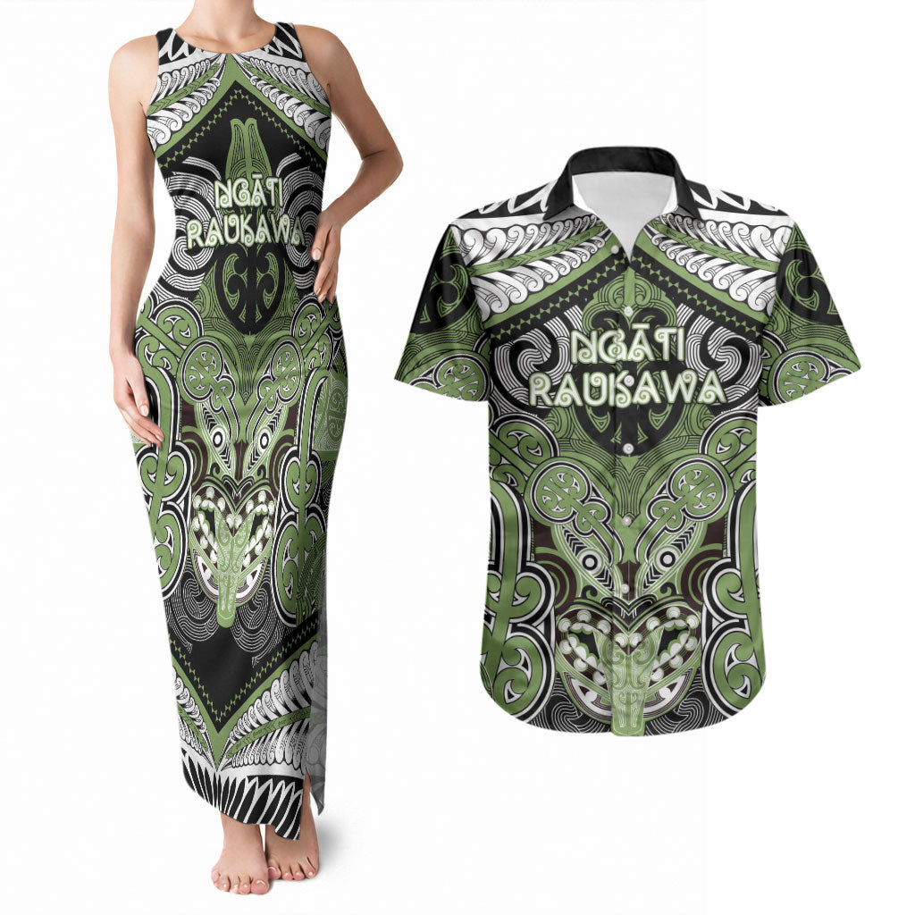 Aotearoa Iwi Ngati Raukawa Personalised Couples Matching Tank Maxi Dress and Hawaiian Shirt Maori Kowhaiwhai Pattern LT19 Green - Polynesian Pride
