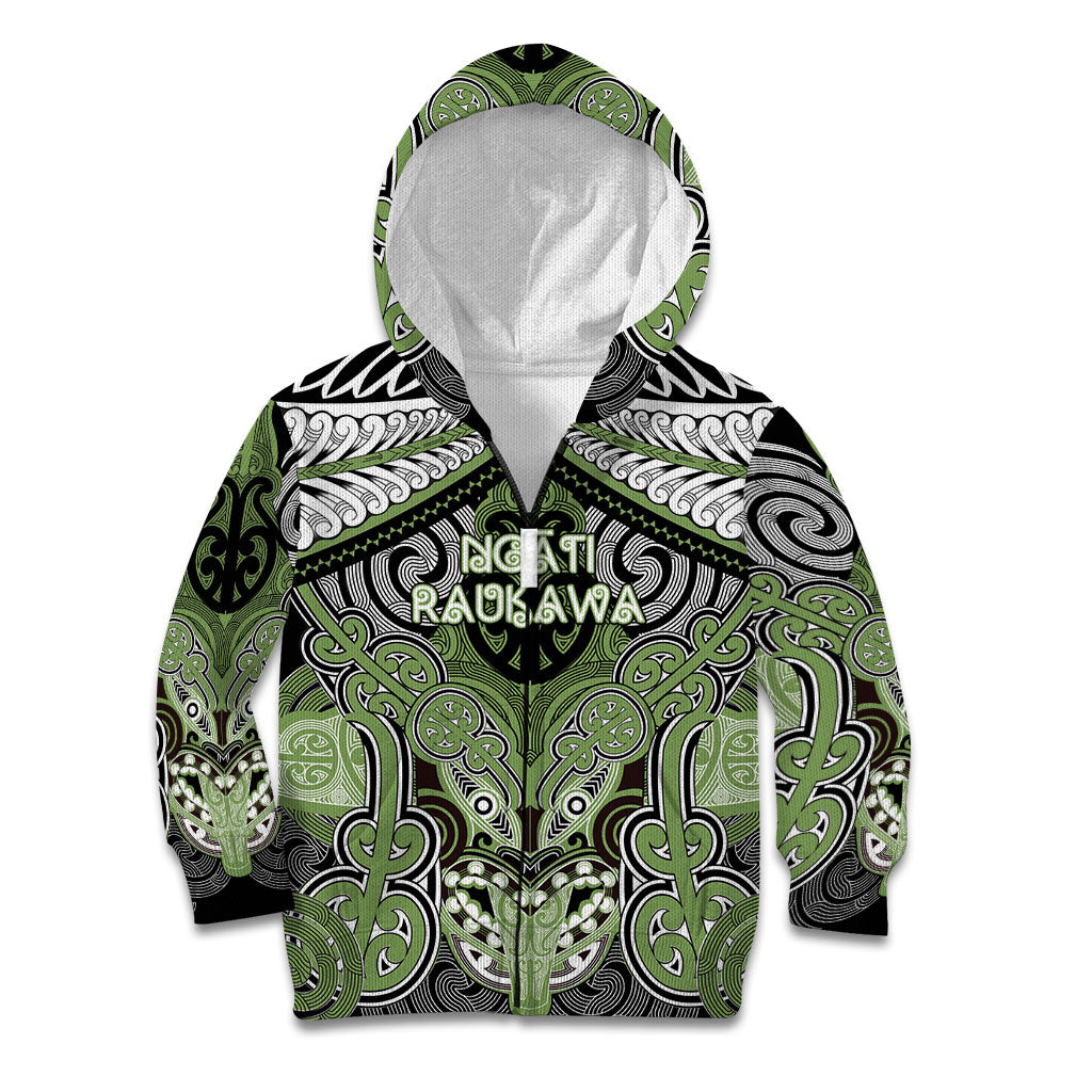 Aotearoa Iwi Ngati Raukawa Personalised Kid Hoodie Maori Kowhaiwhai Pattern LT19 Zip Hoodie Green - Polynesian Pride