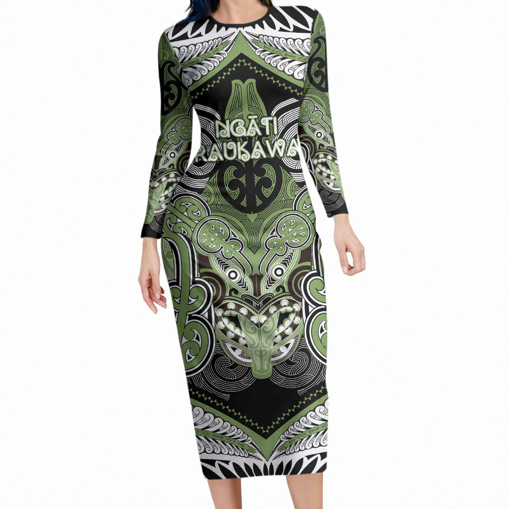Aotearoa Iwi Ngati Raukawa Personalised Long Sleeve Bodycon Dress Maori Kowhaiwhai Pattern LT19 Long Dress Green - Polynesian Pride