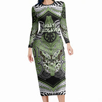 Aotearoa Iwi Ngati Raukawa Personalised Long Sleeve Bodycon Dress Maori Kowhaiwhai Pattern LT19 Long Dress Green - Polynesian Pride