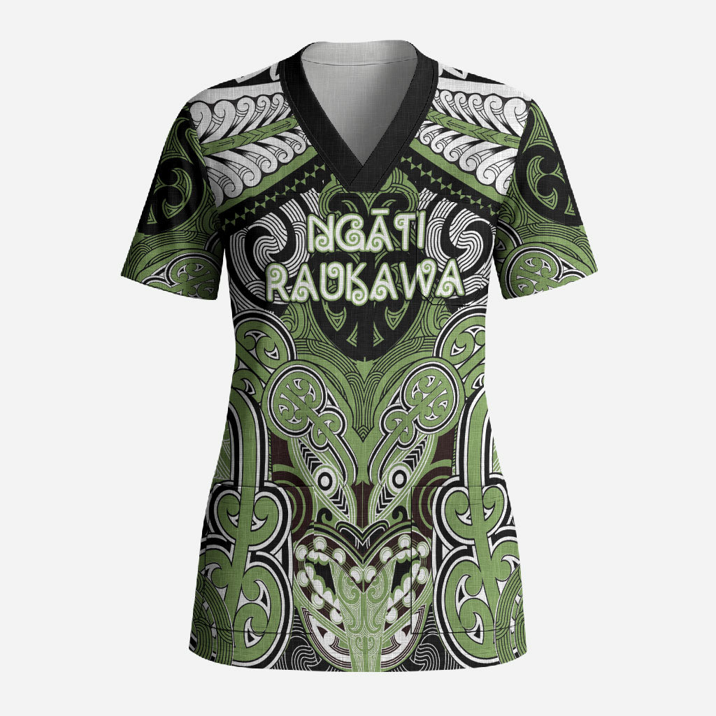 Aotearoa Iwi Ngati Raukawa Personalised Scrub Top Maori Kowhaiwhai Pattern LT19 Adult Green - Polynesian Pride