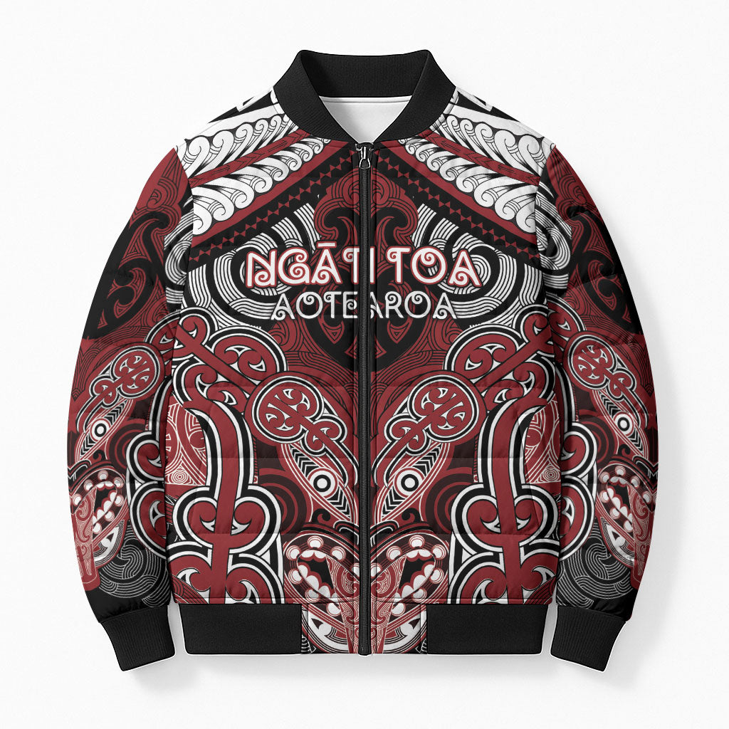 Aotearoa Iwi Ngati Toa Personalised Bomber Puffer Jacket Maori Kowhaiwhai Pattern LT19 Unisex Red - Polynesian Pride