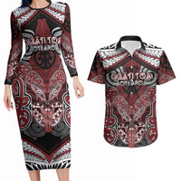 Aotearoa Iwi Ngati Toa Personalised Couples Matching Long Sleeve Bodycon Dress and Hawaiian Shirt Maori Kowhaiwhai Pattern LT19 Red - Polynesian Pride