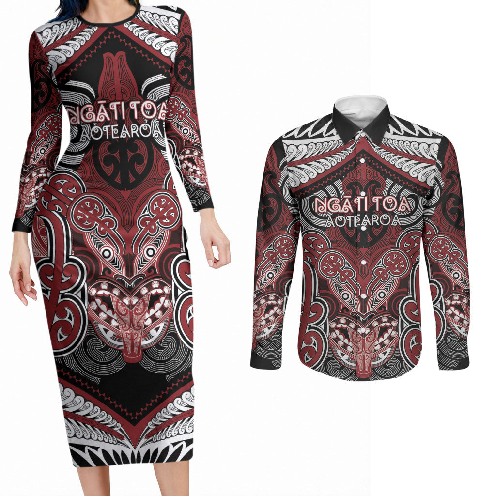 Aotearoa Iwi Ngati Toa Personalised Couples Matching Long Sleeve Bodycon Dress and Long Sleeve Button Shirt Maori Kowhaiwhai Pattern LT19 Red - Polynesian Pride