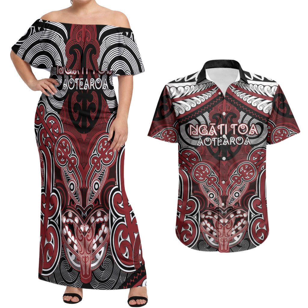 Aotearoa Iwi Ngati Toa Personalised Couples Matching Off Shoulder Maxi Dress and Hawaiian Shirt Maori Kowhaiwhai Pattern LT19 Red - Polynesian Pride