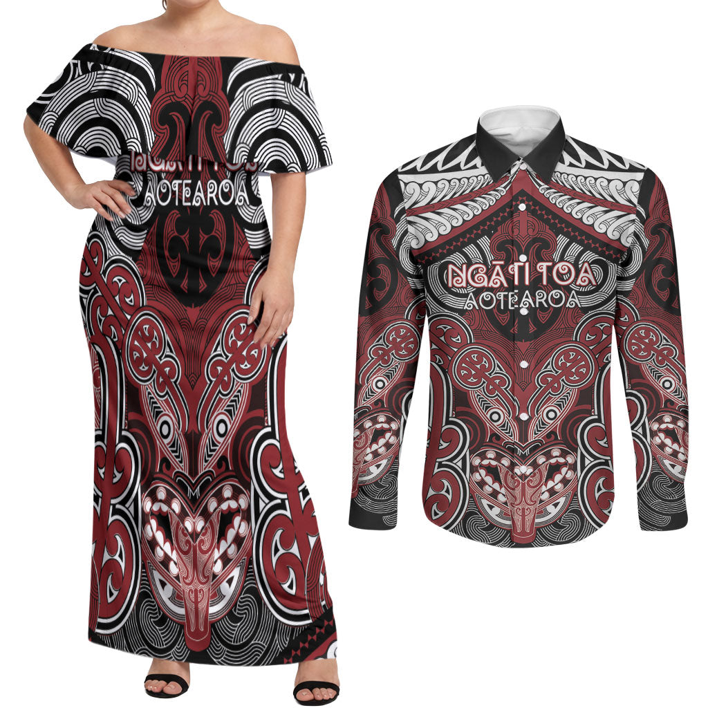 Aotearoa Iwi Ngati Toa Personalised Couples Matching Off Shoulder Maxi Dress and Long Sleeve Button Shirt Maori Kowhaiwhai Pattern LT19 Red - Polynesian Pride