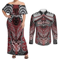 Aotearoa Iwi Ngati Toa Personalised Couples Matching Off Shoulder Maxi Dress and Long Sleeve Button Shirt Maori Kowhaiwhai Pattern LT19 Red - Polynesian Pride