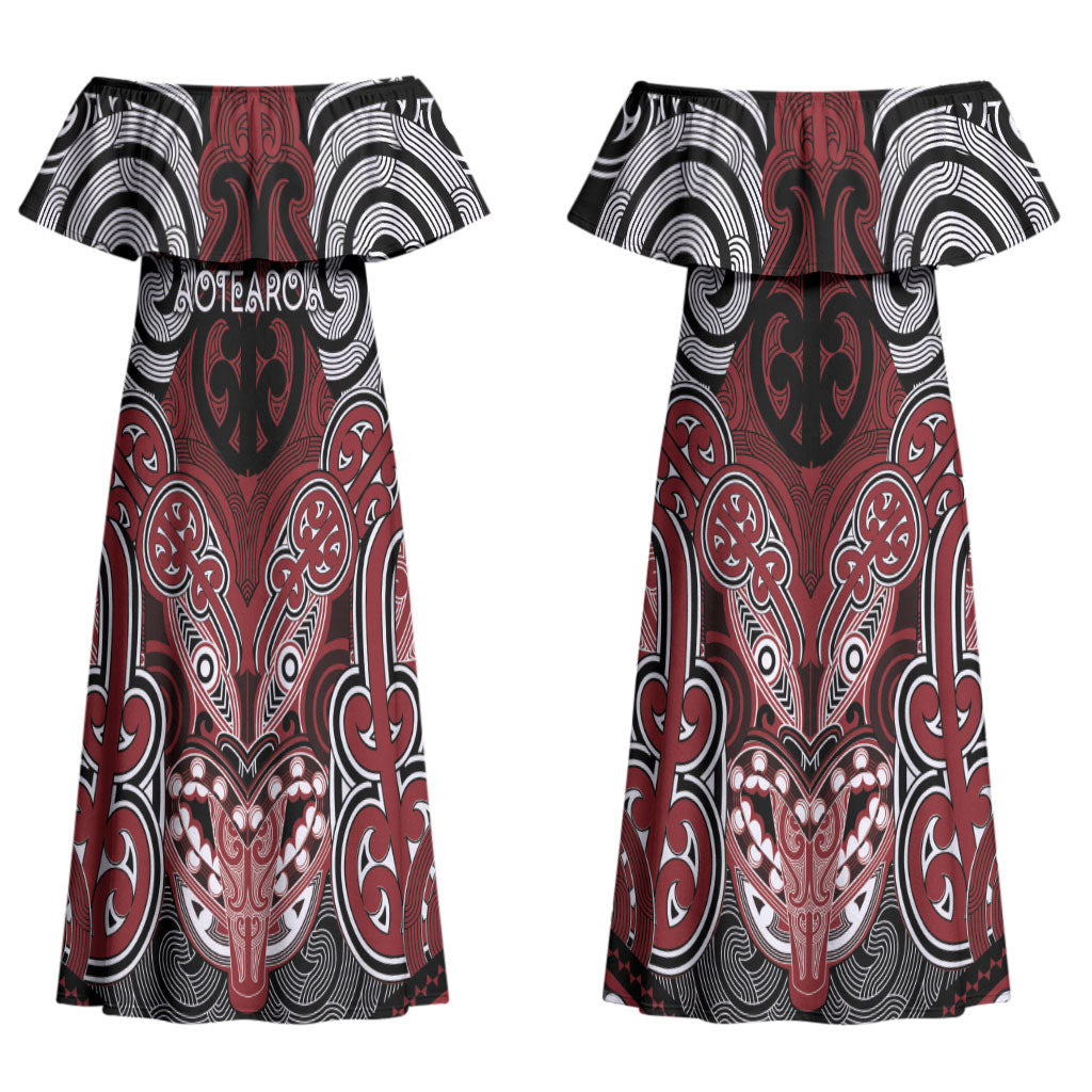 Aotearoa Iwi Ngati Toa Personalised Couples Matching Off Shoulder Maxi Dress and Long Sleeve Button Shirt Maori Kowhaiwhai Pattern LT19 - Polynesian Pride