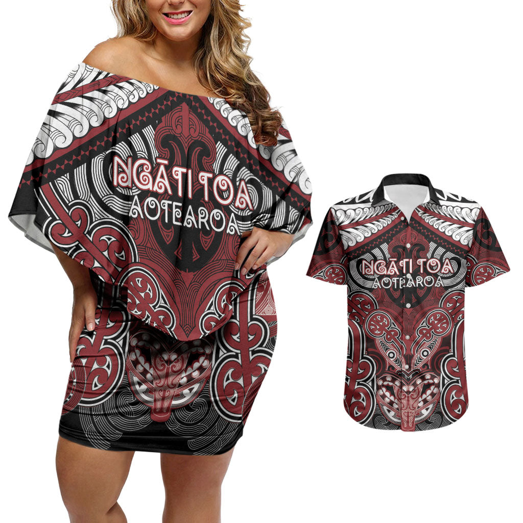 Aotearoa Iwi Ngati Toa Personalised Couples Matching Off Shoulder Short Dress and Hawaiian Shirt Maori Kowhaiwhai Pattern LT19 Red - Polynesian Pride