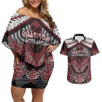 Aotearoa Iwi Ngati Toa Personalised Couples Matching Off Shoulder Short Dress and Hawaiian Shirt Maori Kowhaiwhai Pattern LT19 Red - Polynesian Pride