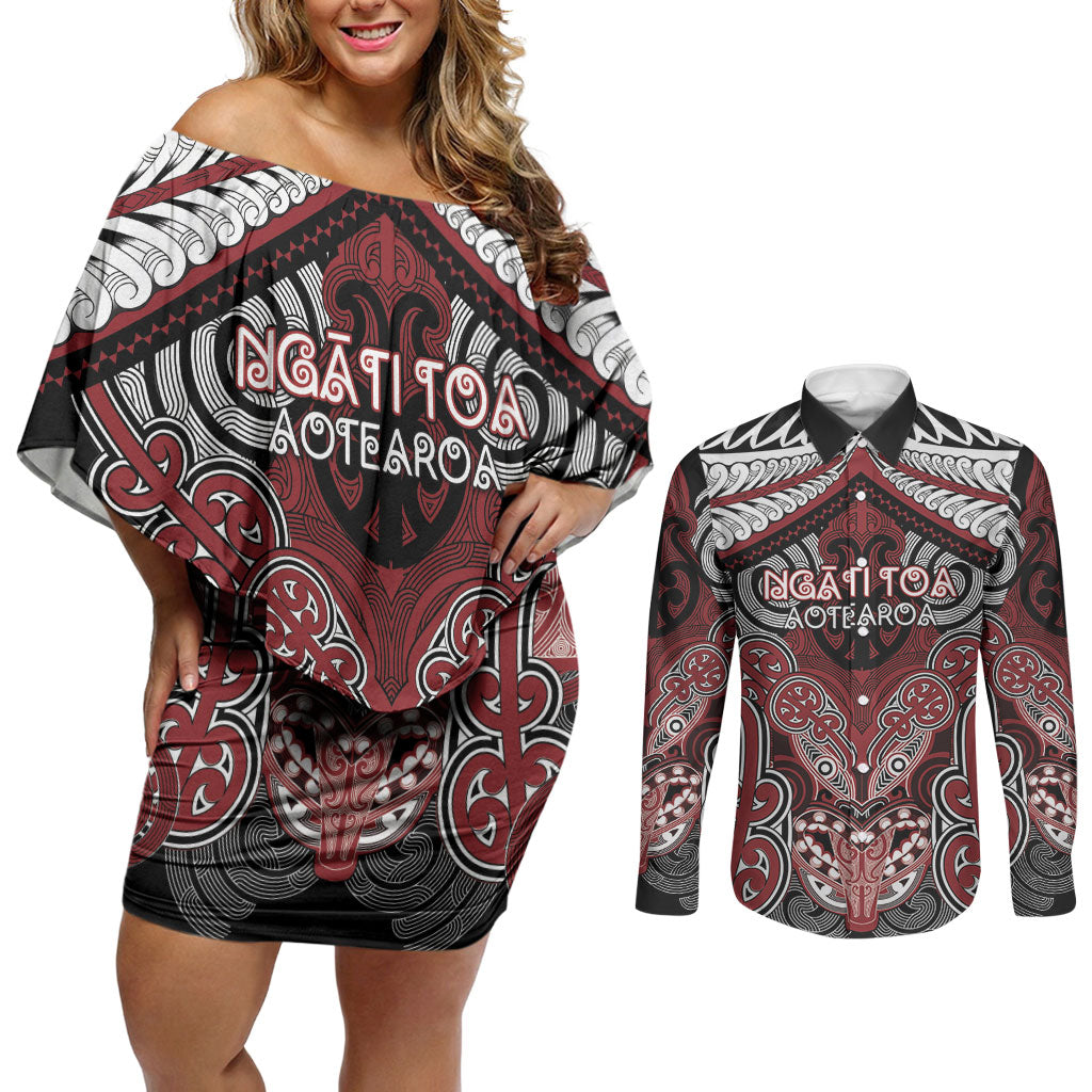 Aotearoa Iwi Ngati Toa Personalised Couples Matching Off Shoulder Short Dress and Long Sleeve Button Shirt Maori Kowhaiwhai Pattern LT19 Red - Polynesian Pride