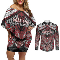 Aotearoa Iwi Ngati Toa Personalised Couples Matching Off Shoulder Short Dress and Long Sleeve Button Shirt Maori Kowhaiwhai Pattern LT19 Red - Polynesian Pride