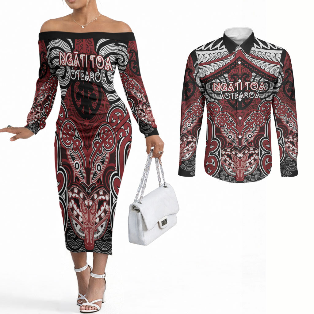 Aotearoa Iwi Ngati Toa Personalised Couples Matching Off The Shoulder Long Sleeve Dress and Long Sleeve Button Shirt Maori Kowhaiwhai Pattern LT19 Red - Polynesian Pride