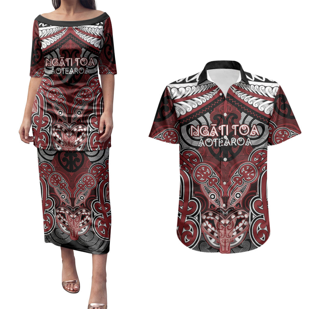 Aotearoa Iwi Ngati Toa Personalised Couples Matching Puletasi and Hawaiian Shirt Maori Kowhaiwhai Pattern LT19 Red - Polynesian Pride