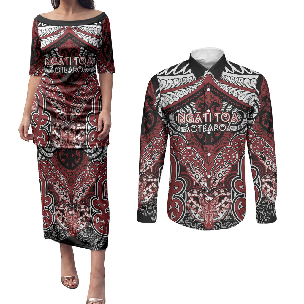 Aotearoa Iwi Ngati Toa Personalised Couples Matching Puletasi and Long Sleeve Button Shirt Maori Kowhaiwhai Pattern