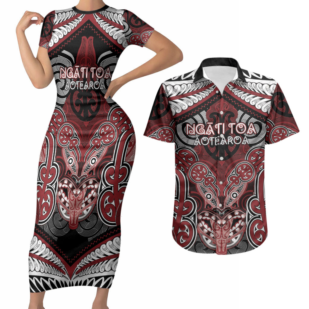 Aotearoa Iwi Ngati Toa Personalised Couples Matching Short Sleeve Bodycon Dress and Hawaiian Shirt Maori Kowhaiwhai Pattern LT19 Red - Polynesian Pride