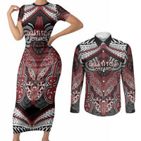 Aotearoa Iwi Ngati Toa Personalised Couples Matching Short Sleeve Bodycon Dress and Long Sleeve Button Shirt Maori Kowhaiwhai Pattern LT19 Red - Polynesian Pride