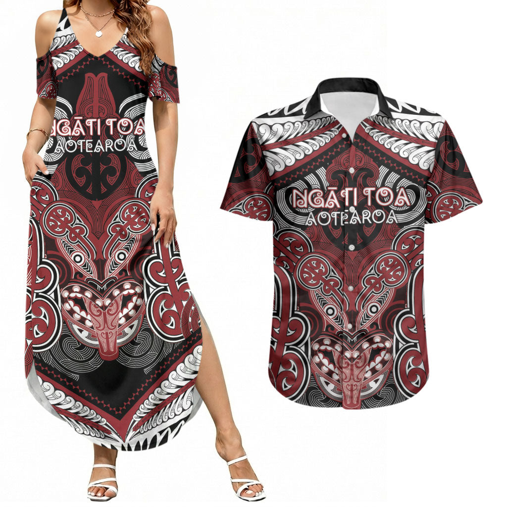 Aotearoa Iwi Ngati Toa Personalised Couples Matching Summer Maxi Dress and Hawaiian Shirt Maori Kowhaiwhai Pattern LT19 Red - Polynesian Pride