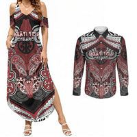 Aotearoa Iwi Ngati Toa Personalised Couples Matching Summer Maxi Dress and Long Sleeve Button Shirt Maori Kowhaiwhai Pattern LT19 Red - Polynesian Pride