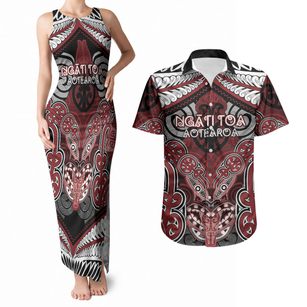 Aotearoa Iwi Ngati Toa Personalised Couples Matching Tank Maxi Dress and Hawaiian Shirt Maori Kowhaiwhai Pattern LT19 Red - Polynesian Pride
