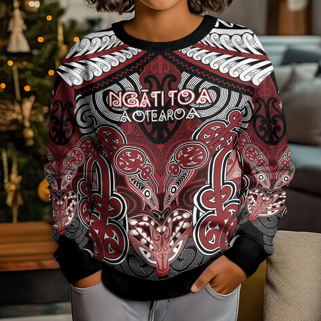 Aotearoa Iwi Ngati Toa Personalised Kid Ugly Christmas Sweater Maori Kowhaiwhai Pattern
