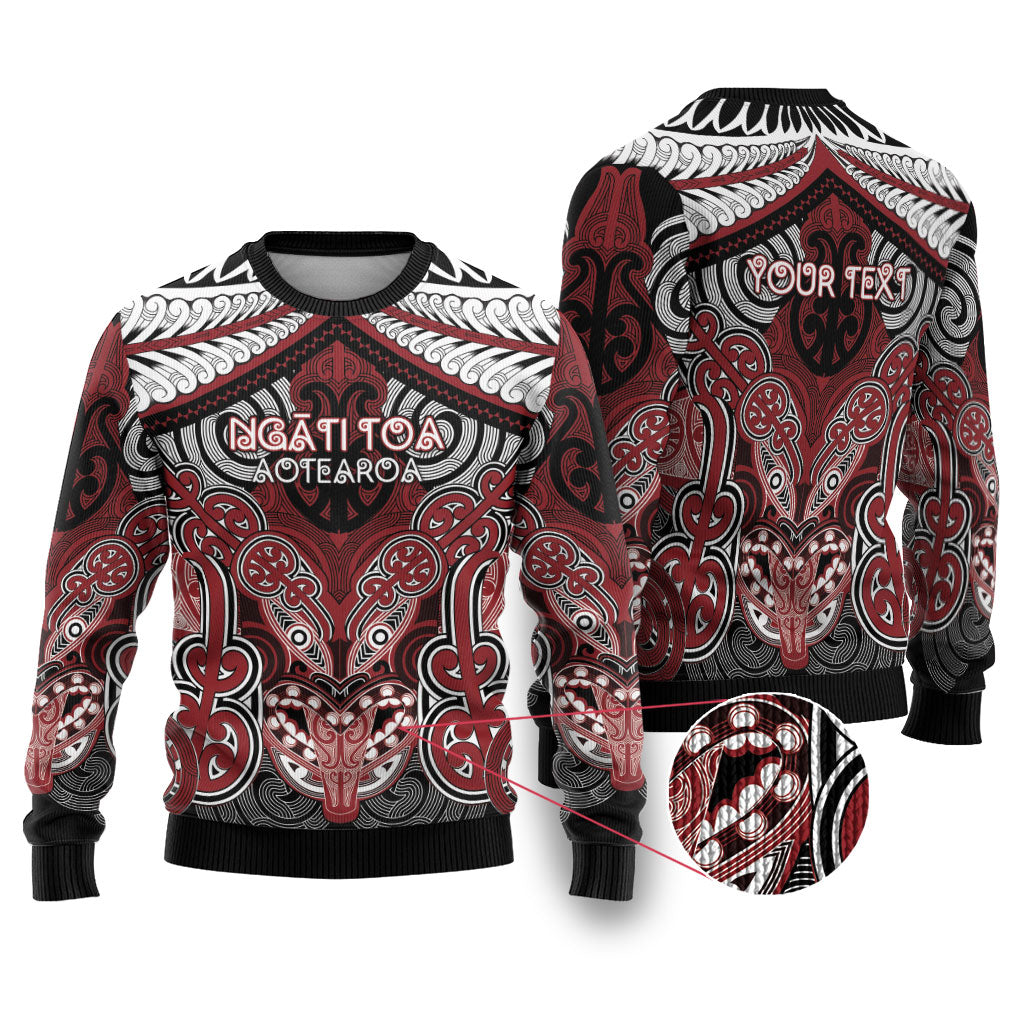 Aotearoa Iwi Ngati Toa Personalised Ugly Christmas Sweater Maori Kowhaiwhai Pattern LT19 Red - Polynesian Pride