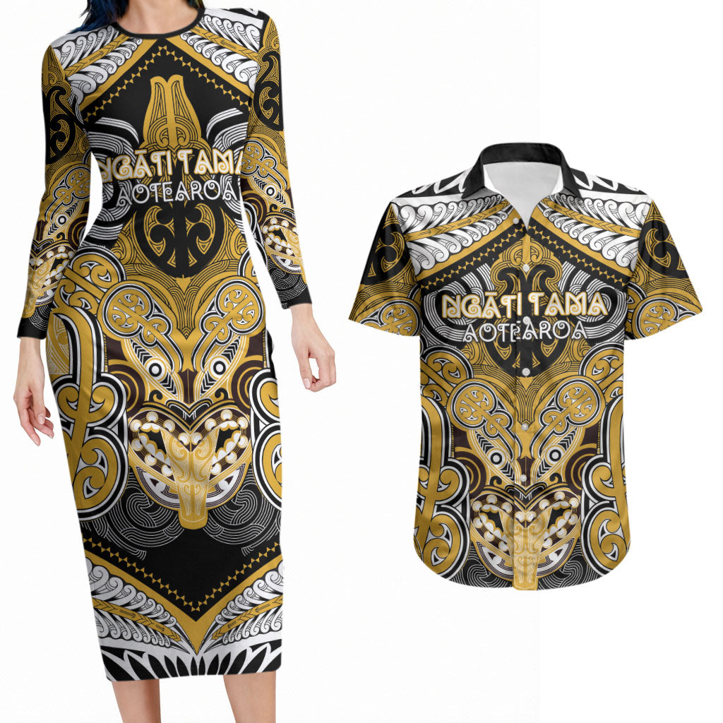 Aotearoa Iwi Ngati Tama Personalised Couples Matching Long Sleeve Bodycon Dress and Hawaiian Shirt Maori Kowhaiwhai Pattern LT19 Yellow - Polynesian Pride