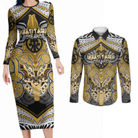 Aotearoa Iwi Ngati Tama Personalised Couples Matching Long Sleeve Bodycon Dress and Long Sleeve Button Shirt Maori Kowhaiwhai Pattern LT19 Yellow - Polynesian Pride
