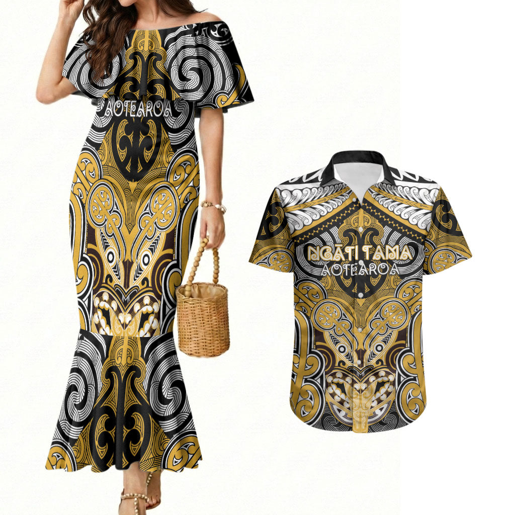Aotearoa Iwi Ngati Tama Personalised Couples Matching Mermaid Dress and Hawaiian Shirt Maori Kowhaiwhai Pattern LT19 Yellow - Polynesian Pride