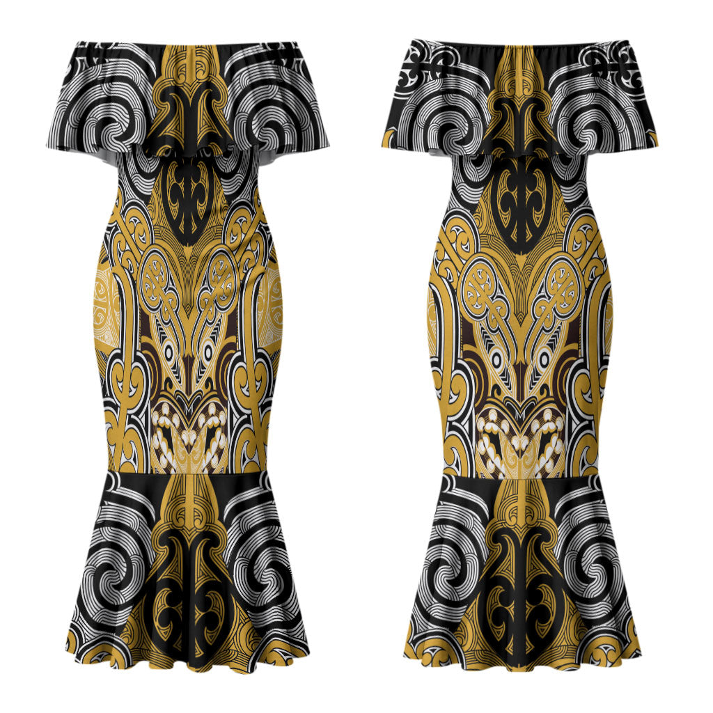 Aotearoa Iwi Ngati Tama Personalised Couples Matching Mermaid Dress and Long Sleeve Button Shirt Maori Kowhaiwhai Pattern LT19 - Polynesian Pride