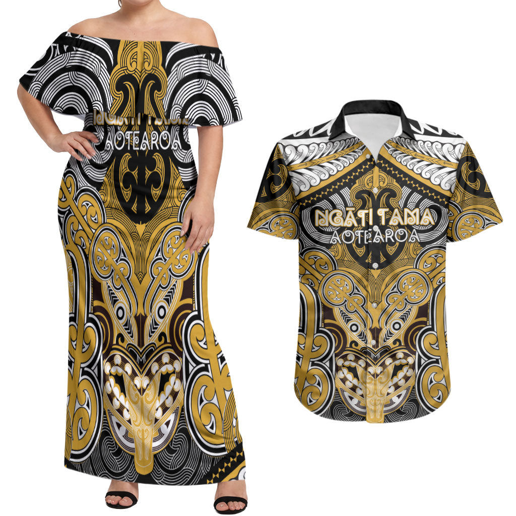 Aotearoa Iwi Ngati Tama Personalised Couples Matching Off Shoulder Maxi Dress and Hawaiian Shirt Maori Kowhaiwhai Pattern LT19 Yellow - Polynesian Pride