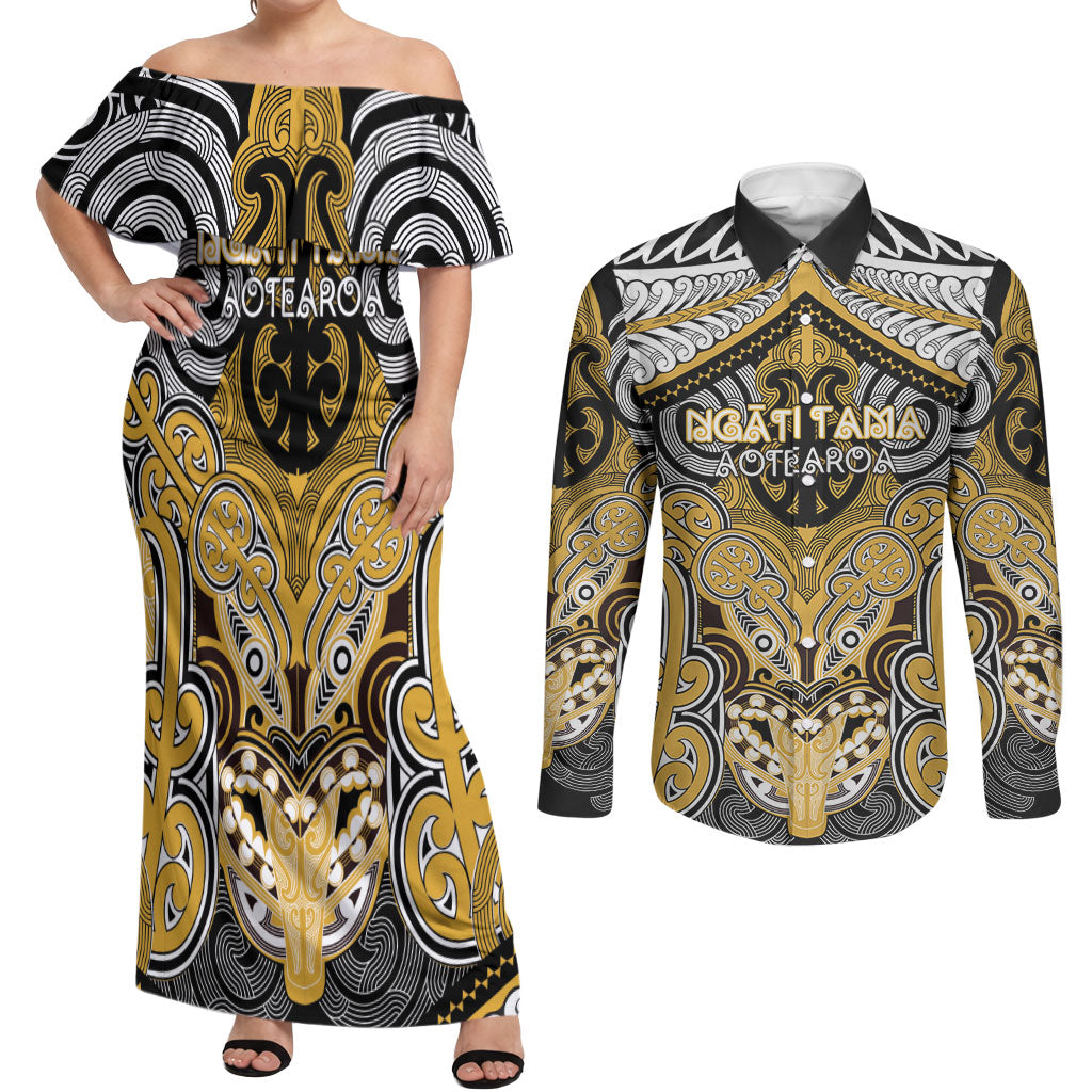 Aotearoa Iwi Ngati Tama Personalised Couples Matching Off Shoulder Maxi Dress and Long Sleeve Button Shirt Maori Kowhaiwhai Pattern LT19 Yellow - Polynesian Pride