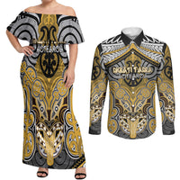 Aotearoa Iwi Ngati Tama Personalised Couples Matching Off Shoulder Maxi Dress and Long Sleeve Button Shirt Maori Kowhaiwhai Pattern LT19 Yellow - Polynesian Pride