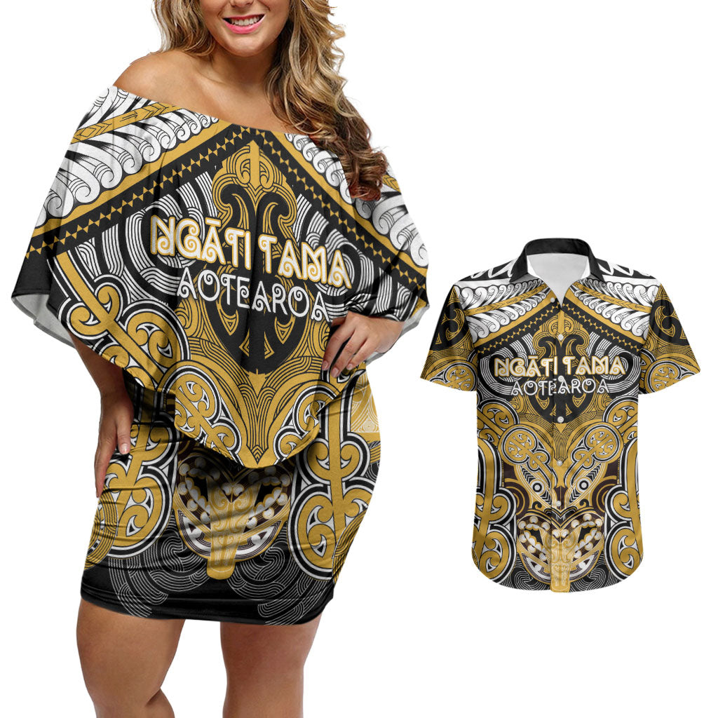 Aotearoa Iwi Ngati Tama Personalised Couples Matching Off Shoulder Short Dress and Hawaiian Shirt Maori Kowhaiwhai Pattern LT19 Yellow - Polynesian Pride