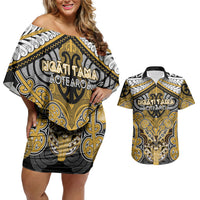 Aotearoa Iwi Ngati Tama Personalised Couples Matching Off Shoulder Short Dress and Hawaiian Shirt Maori Kowhaiwhai Pattern LT19 Yellow - Polynesian Pride