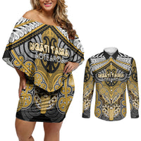 Aotearoa Iwi Ngati Tama Personalised Couples Matching Off Shoulder Short Dress and Long Sleeve Button Shirt Maori Kowhaiwhai Pattern LT19 Yellow - Polynesian Pride