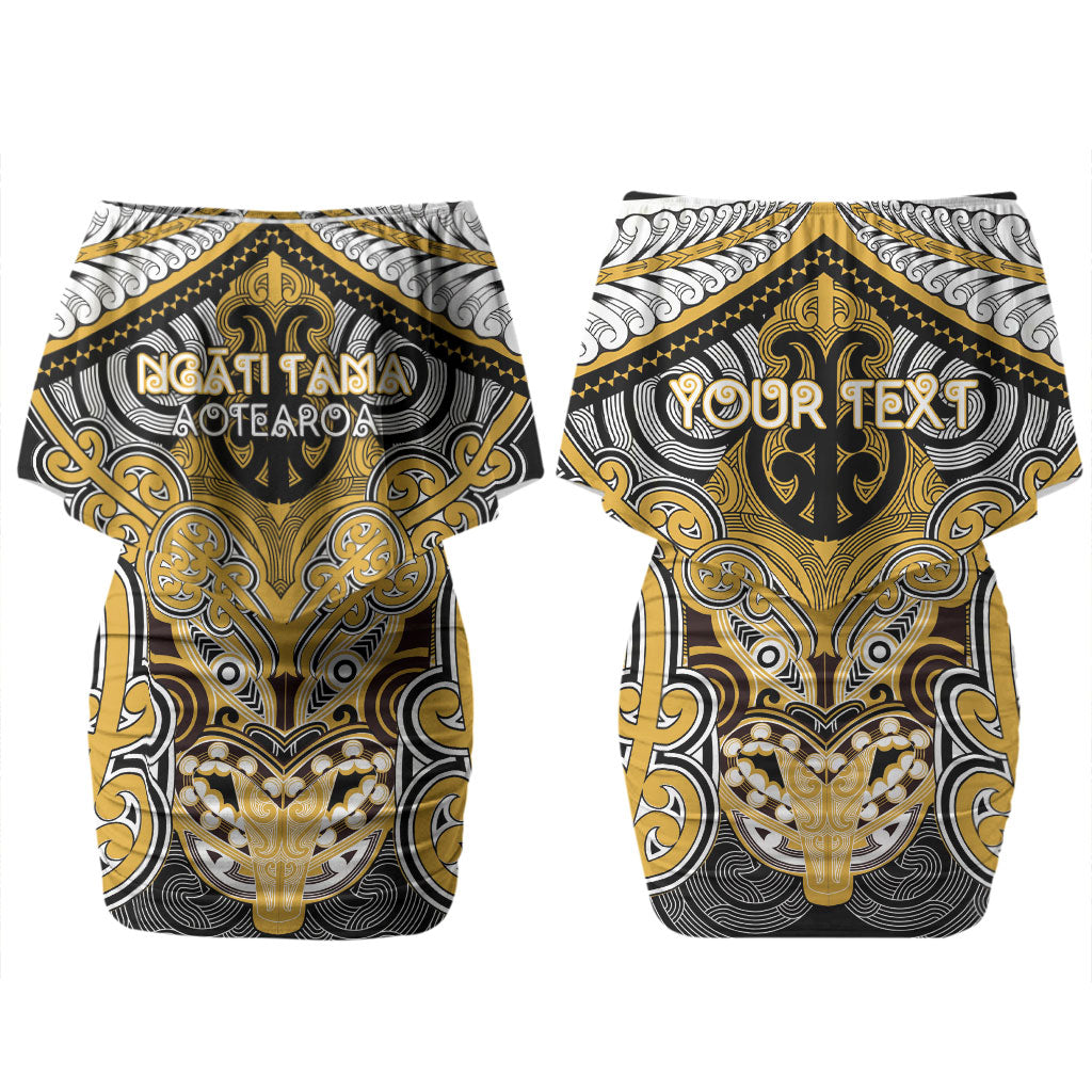Aotearoa Iwi Ngati Tama Personalised Couples Matching Off Shoulder Short Dress and Long Sleeve Button Shirt Maori Kowhaiwhai Pattern LT19 - Polynesian Pride
