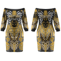 Aotearoa Iwi Ngati Tama Personalised Couples Matching Off The Shoulder Long Sleeve Dress and Long Sleeve Button Shirt Maori Kowhaiwhai Pattern LT19 - Polynesian Pride