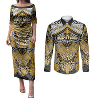 Aotearoa Iwi Ngati Tama Personalised Couples Matching Puletasi and Long Sleeve Button Shirt Maori Kowhaiwhai Pattern LT19 Yellow - Polynesian Pride