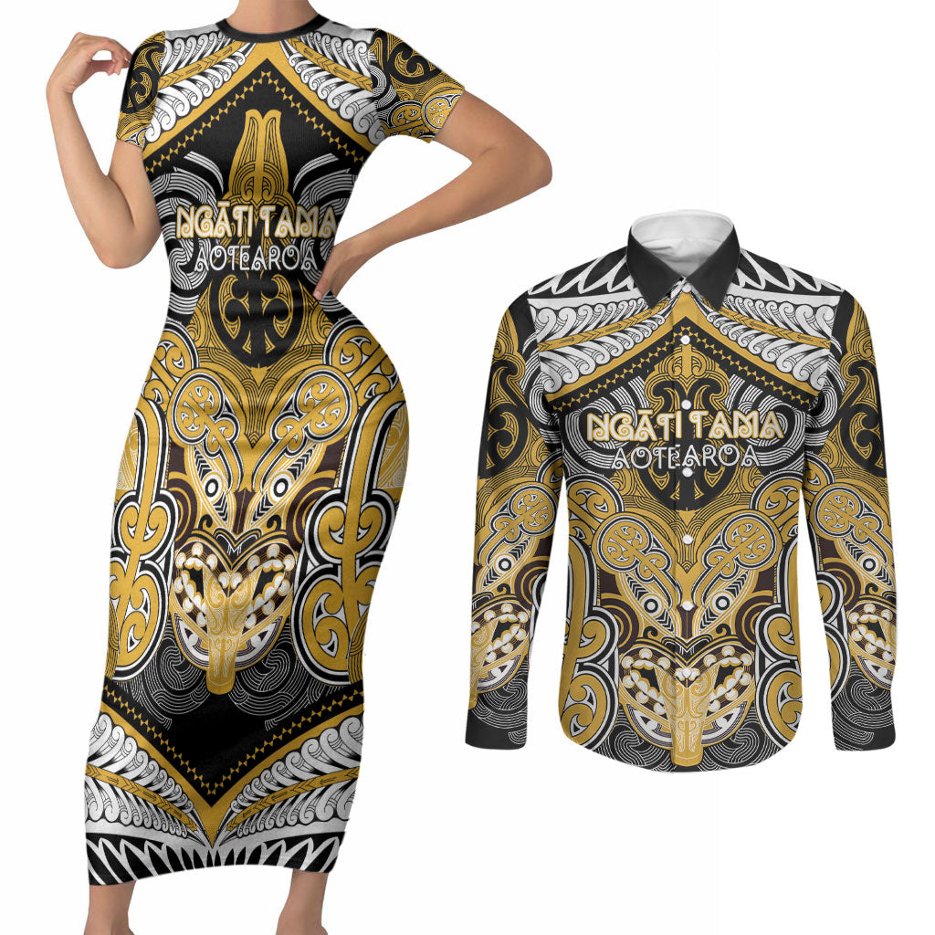 Aotearoa Iwi Ngati Tama Personalised Couples Matching Short Sleeve Bodycon Dress and Long Sleeve Button Shirt Maori Kowhaiwhai Pattern LT19 Yellow - Polynesian Pride