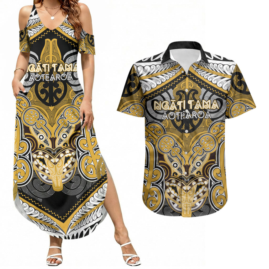 Aotearoa Iwi Ngati Tama Personalised Couples Matching Summer Maxi Dress and Hawaiian Shirt Maori Kowhaiwhai Pattern LT19 Yellow - Polynesian Pride