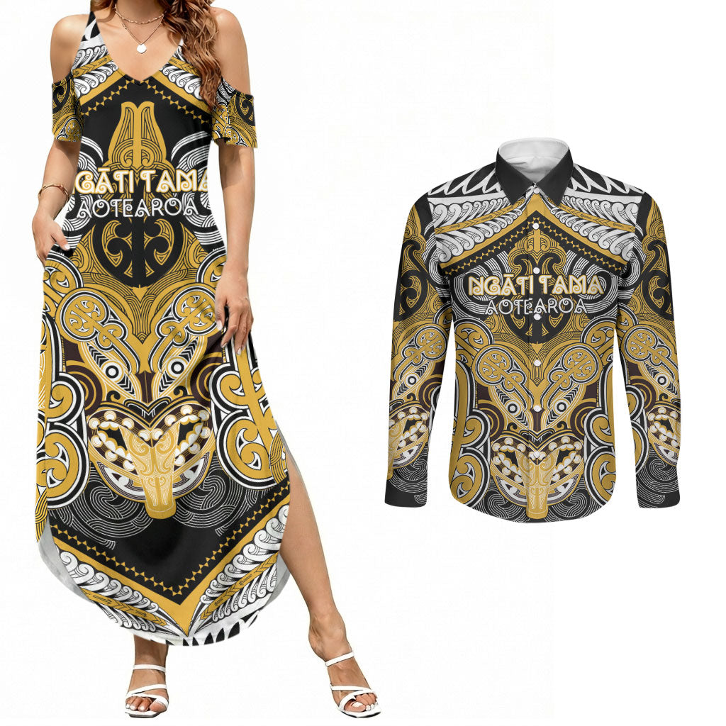 Aotearoa Iwi Ngati Tama Personalised Couples Matching Summer Maxi Dress and Long Sleeve Button Shirt Maori Kowhaiwhai Pattern LT19 Yellow - Polynesian Pride