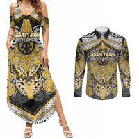 Aotearoa Iwi Ngati Tama Personalised Couples Matching Summer Maxi Dress and Long Sleeve Button Shirt Maori Kowhaiwhai Pattern LT19 Yellow - Polynesian Pride