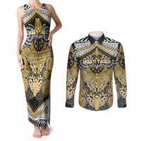 Aotearoa Iwi Ngati Tama Personalised Couples Matching Tank Maxi Dress and Long Sleeve Button Shirt Maori Kowhaiwhai Pattern LT19 Yellow - Polynesian Pride